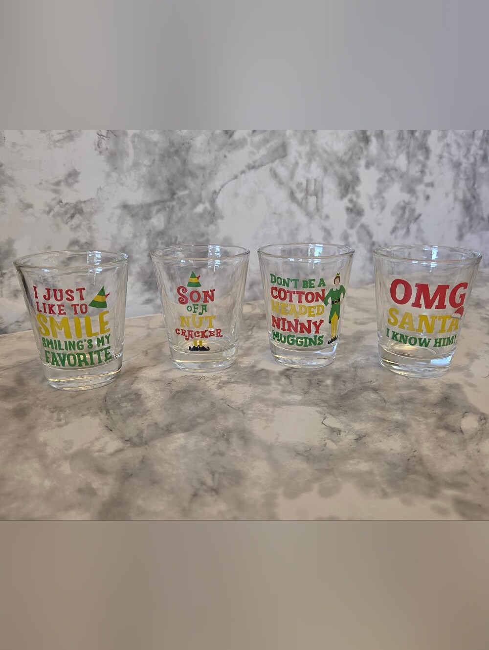 Holiday Novelty ELF Quotes Shot Glass Set - Green/Red/Yellow Festive Set Of 4